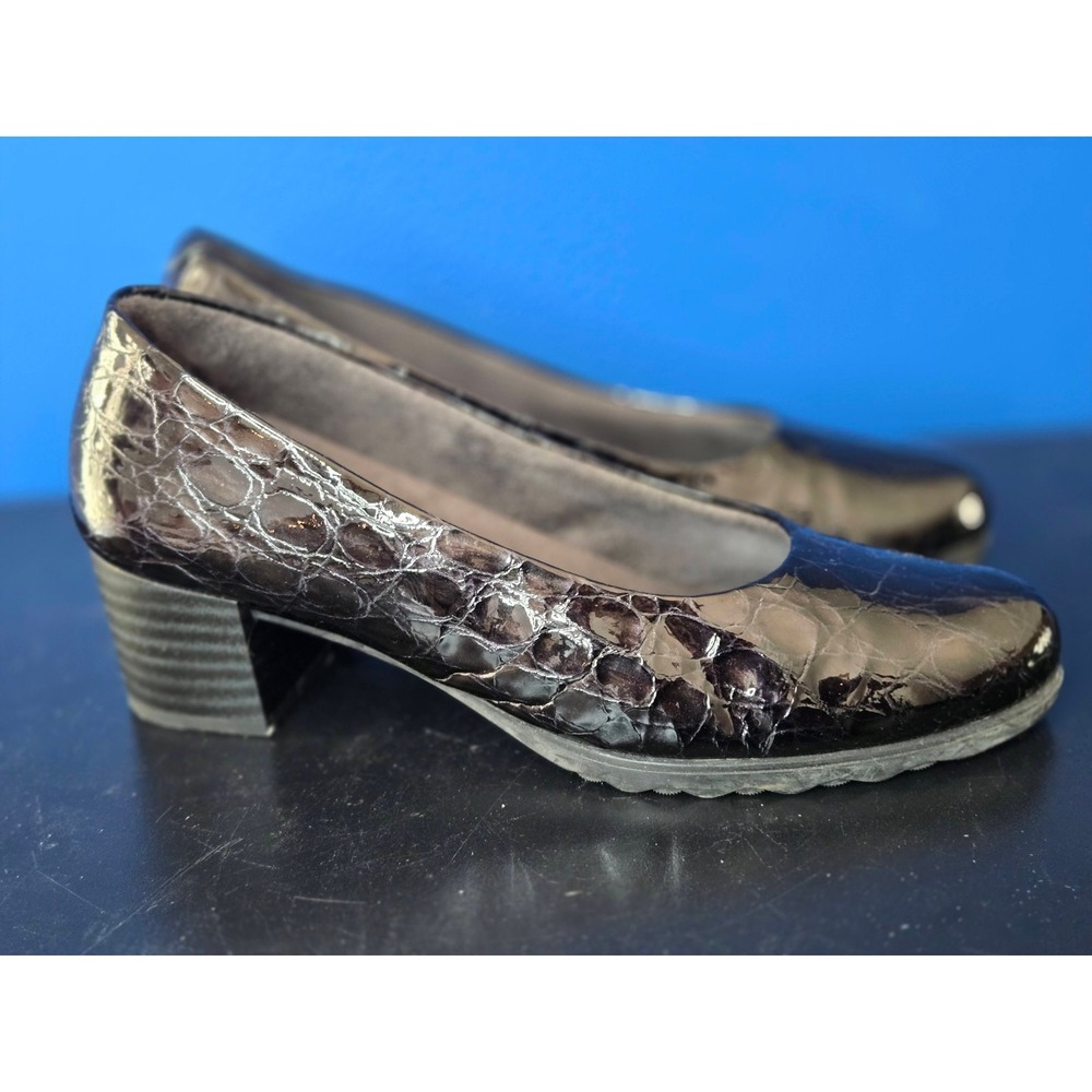 Pitillos Pumps Womens 39β (8.5 US) Black Croc Patent Block Heel Made in Spain